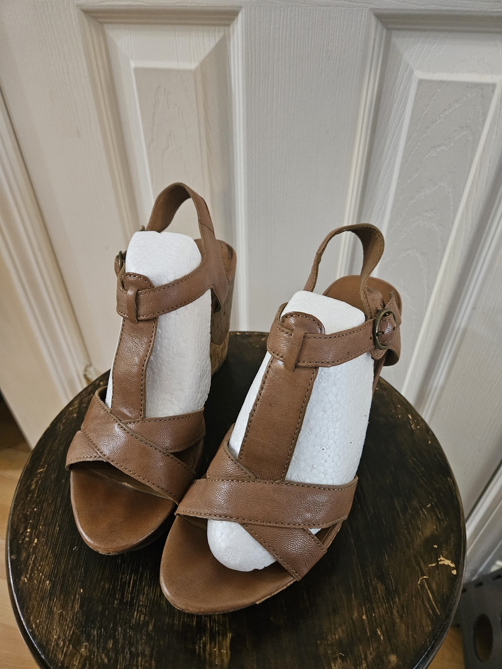 Nine West Brown T-Strap Wedge Sandals